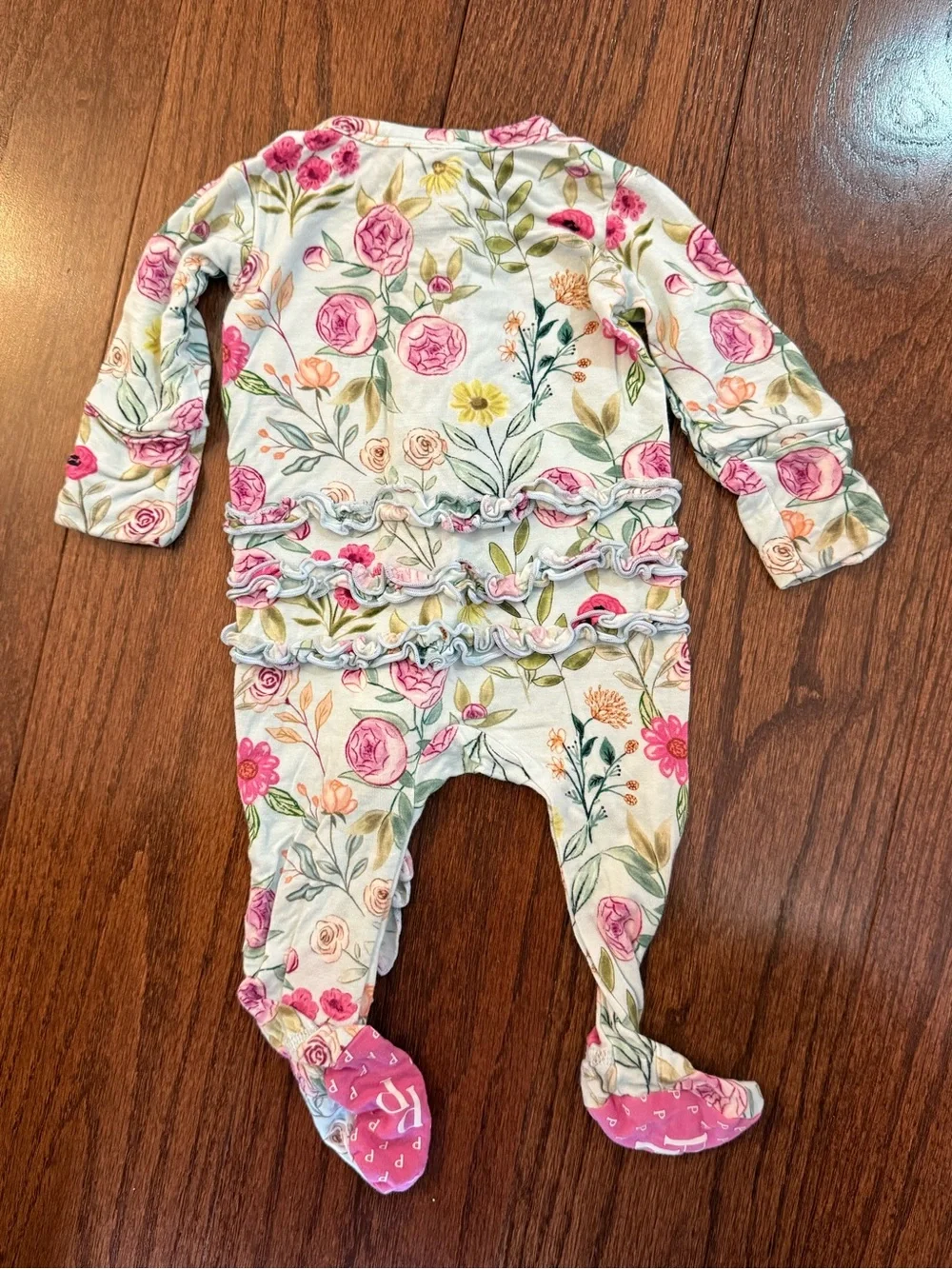 Posh Peanut Floral Ruffle Footed Pajamas - Pink, Green, Yellow